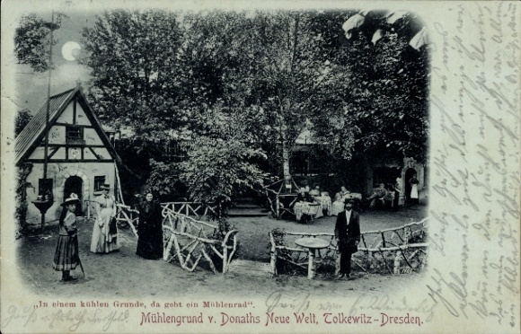 Mondschein Ak Dresden Tolkewitz, Donath's Neue Welt, Mühlengrund