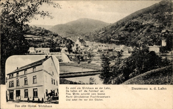 KP Dausenau an der Lahn, widok na miasto, stary zabytkowy zajazd