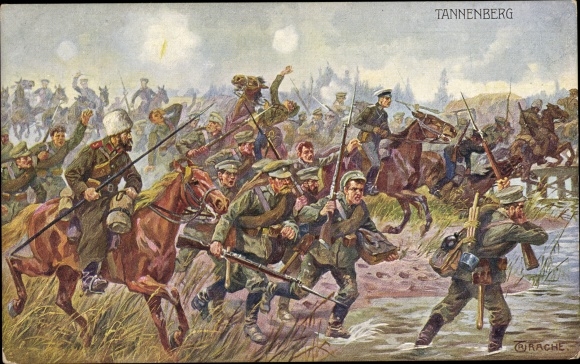 Artist Postcard Trache, R., Battle of Tannenberg, Russian troops fleeing, horses