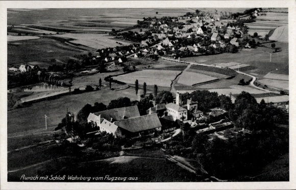 Postcard Aurach Fischbachau in Upper Bavaria, aerial photograph, Wahrberg Castle, landscape, airplane, historic