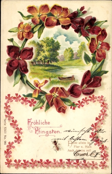 Embossed litho congratulations Pentecost, landscape, flowers, bow tie
