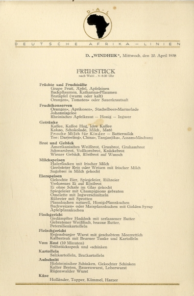 Menu card, steamer Windhoek, April 20, 1938, breakfast