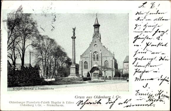 Ak Oldenburg in Niedersachsen, Kriegerdenkmal und Friedenskirche