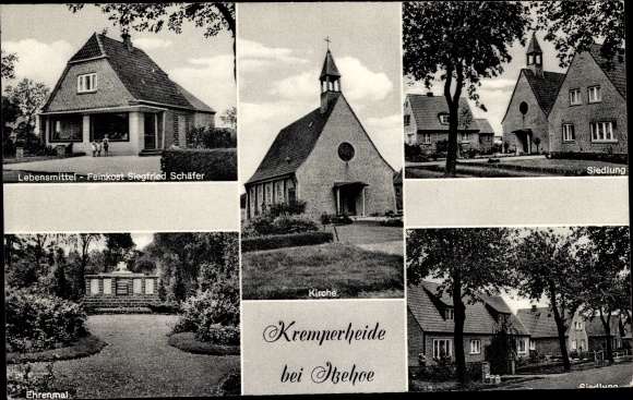 Ak Kremperheide in Holstein, nederzetting, kerk, gedenkteken, winkel Siegfried Schäfer