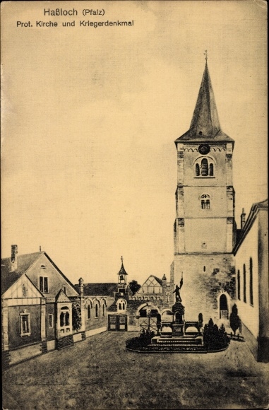 Ak Haßloch in de wijk Bad Dürkheim, protestantse kerk en oorlogsmonument, plein