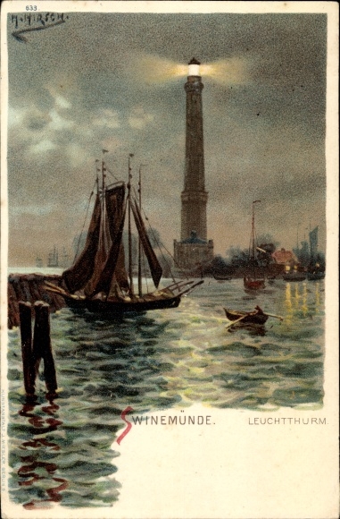 Kunstenaar Litho herten, Świnoujście Swinemünde Pommeren, vuurtoren, zeilboot