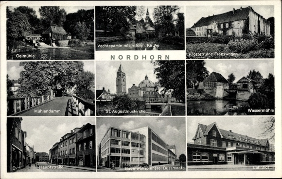 Postcard Nordhorn in the county of Bentheim, oil mill, train station, water mill, church, cotton mill