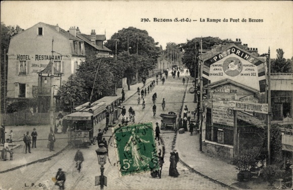 Postcard Le Val d'Oise de Bezons, Rampe du Pont de Bezons, hotel, restaurant