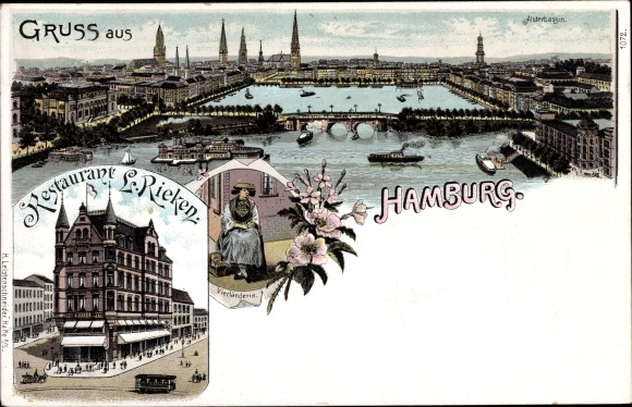 Chromo-Litho Hamburg, Alster basin, Restaurant L. Rieken, Vierländerin