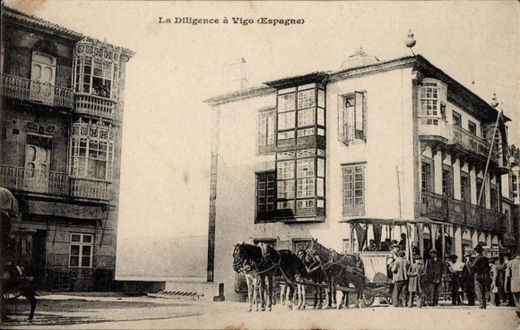 Ak Vigo Galicien Spanien, Bild einer Diligence in Vigo, Gebäude, Pferde und Leute, historische...