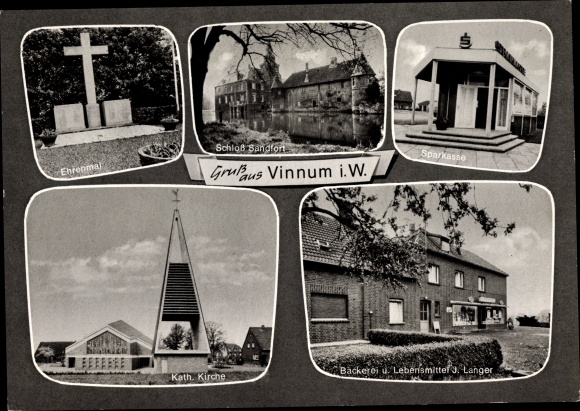 Postcard Vinnum Olfen Westfalen, Sandfort Castle, church, memorial, Langer shop, savings bank