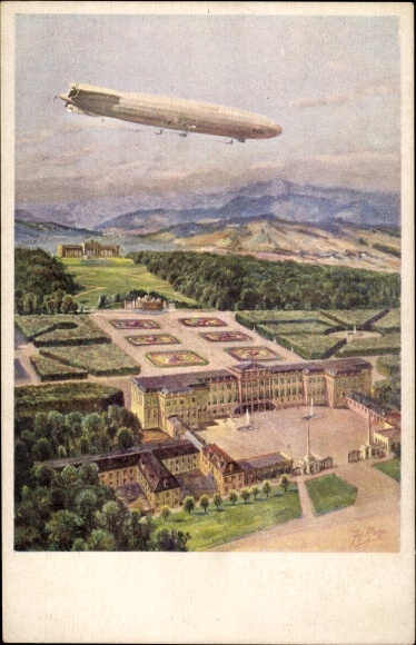 Artist PC Ruep, Vienna 13th Hietzing, Zeppelin Schütte Lanz above Schönbrunn Palace, SL 2