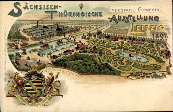Coat of arms Chromo-Litho Leipzig in Saxony, Saxon-Thuringian Industry and Trade Exhibition 1897, Balloon