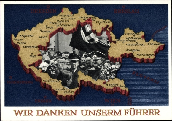 Maps postal stationery PC We thank our leader, Sudetenland, Bohemia, Moravia, Sudeten, Hitler