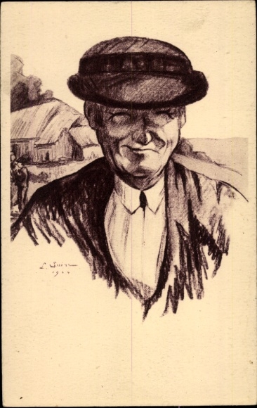 Postcard Niederlössnitz Niederlößnitz Radebeul Saxony, male head charcoal drawing, signed with...