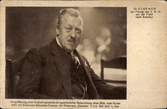 Postcard Dr. Eckener on the way to America, Ernemann-Ermanox advertising