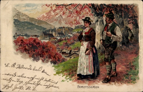 Kunstenaar litho Bergen, Fritz, Berchtesgaden in Opper-Beieren, paar in Beierse klederdracht, stadsgezicht