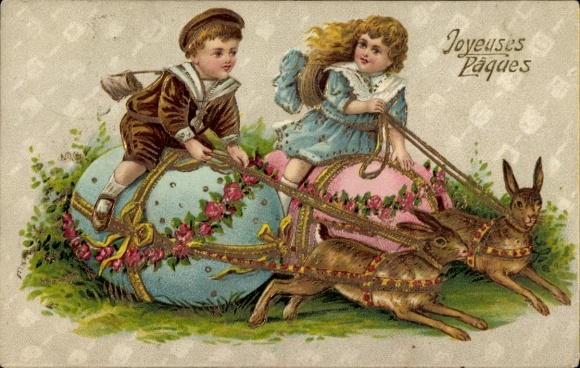 Glitter Embossed Postcard Congratulations Easter, Easter Bunny, Easter Eggs, Children