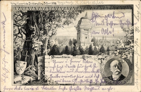 Artist Postcard Erfurt Thuringia, Bismarck Tower, Portrait, Coat of Arms, Cityscape