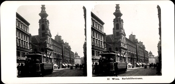 Zdjęcie stereo Wiedeń 6 Mariahilf, Mariahilferstrasse, tramwaj