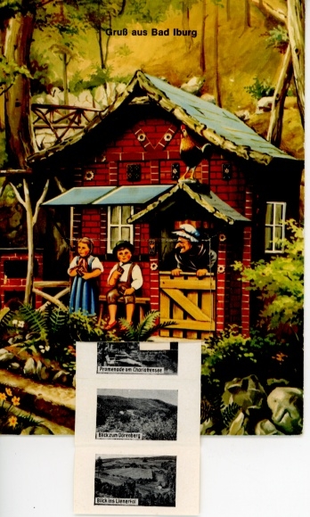 Leporello Ak Bad Iburg am Teutoburger Wald, Gesamtansicht, Kinder, Alte Frau, Hahn, Wohnhaus