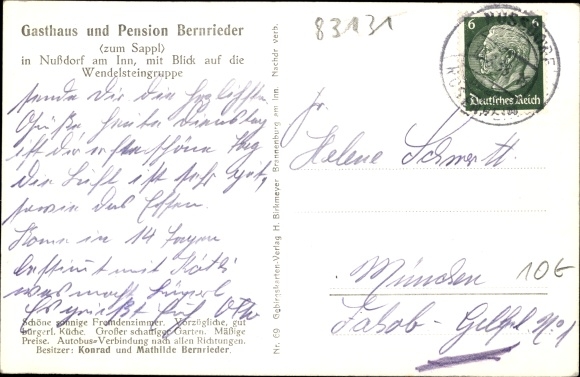 Postcard Nußdorf am Inn Oberbayern, inn and pension Bernrieder, to the Sappl, bus