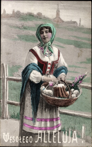 Ak Glückwunsch Ostern, Frau in Tracht, Korb, Kuchen