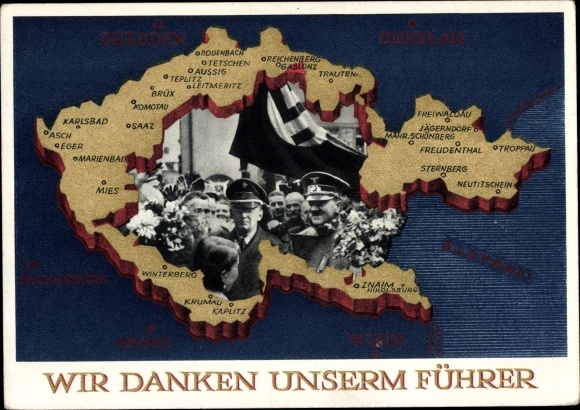 Postal stationery Postcard We thank our leader, Sudetenland, Bohemia, Moravia, Hitler