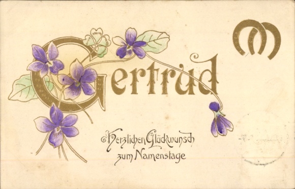 Embossed PC congratulations name day, horseshoe, Gertrud