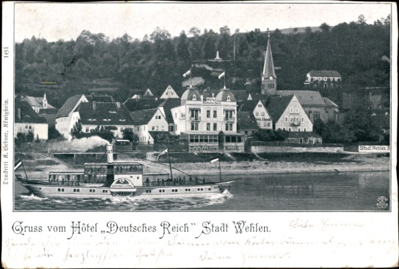 Ak Stadt Wehlen an der Elbe Sächsische Schweiz, Hôtel Deutsches Reich,  Schaufelradboot,  Archite