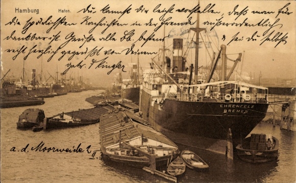 Ansichtkaart Hamburg, haven van Hamburg, stoomboot Ehrenfels, binnenvaartschepen