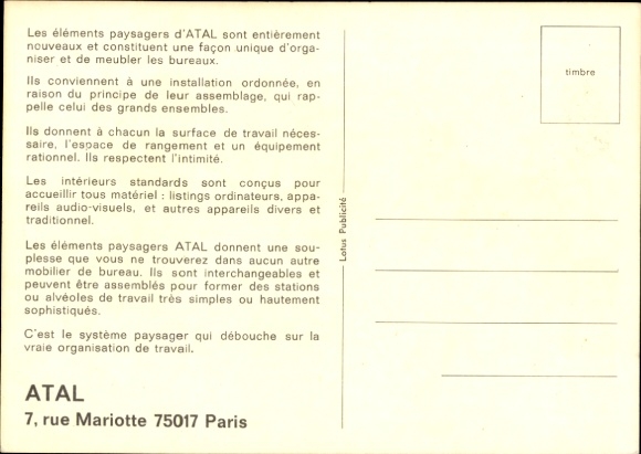 Postcard advertising, Atal, Rue Mariotte, Paris, office equipment