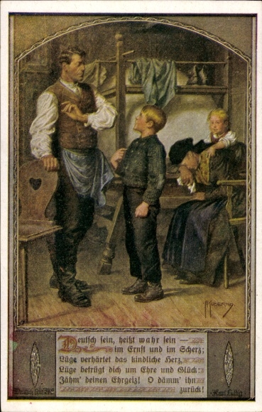 Artist Postcard Kuderna, Franz, To be German means to be true, No. 2, Family, Father scolds son