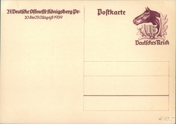 Postwaardekaart Kaliningrad Königsberg Oost-Pruisen, 27e Duitse Oostbeurs 1939
