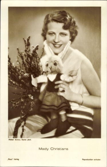 Postcard actress Mady Christians, portrait, stuffed rabbit