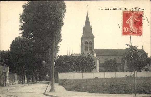 Ak Le Perreux sur Marne Val de Marne, Kirche, Straße, Bäume,  