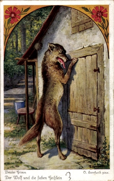 Artist Postcard Herrfurth, Oskar, Fairy Tale, The Wolf and the Seven Little Goats, Brothers Grimm