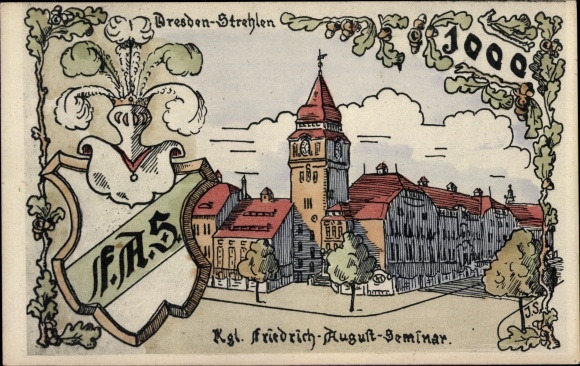Studentika Postcard Dresden Strehlen, Königliches Friedrich August Seminar, Festkarte der Quarta 1917