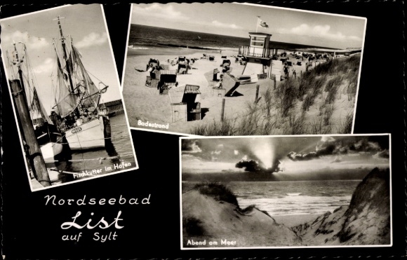 Ak Noordzeeresort List op Sylt, vissersboot in de haven, strand, avond aan zee