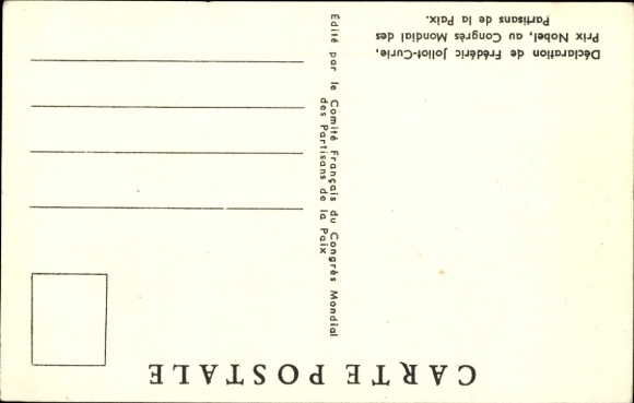 Postcard Frédéric Joliot-Curie, physicist, Declaration, Prix Nobel, au Congres Mondial des Partisans