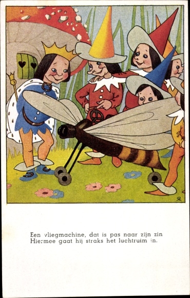 Artist Postcard Dwarves show the king a wasp plane
