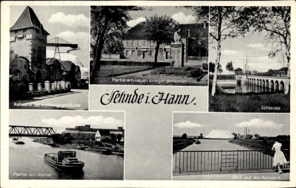 Postcard Sehnde in Lower Saxony, potash mine, war memorial, lock, canal