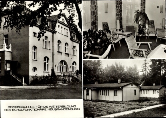 Postcard Wustrow Mecklenburg Lake District, district school, main building, winter garden, bungalows