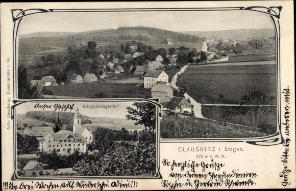 Postcard Clausnitz Rechenberg bee mill in the Ore Mountains, inheritance court inn, panorama of the site