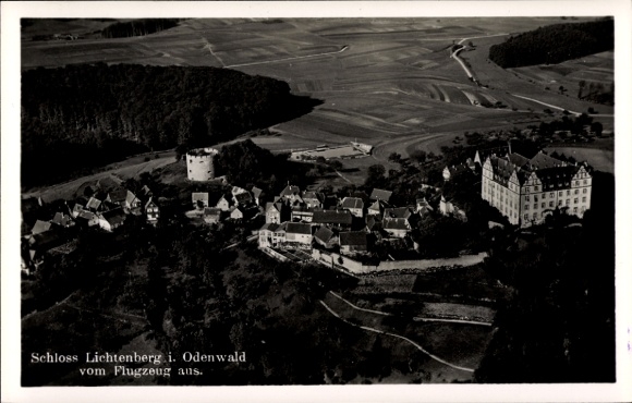 Postcard Fischbachtal in the Odenwald, Lichtenberg Castle, aerial photograph