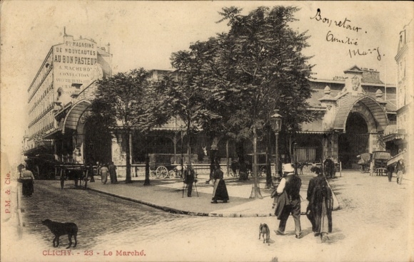 Postcard Clichy Hauts de Seine, market street with people and dogs, architecture in the background