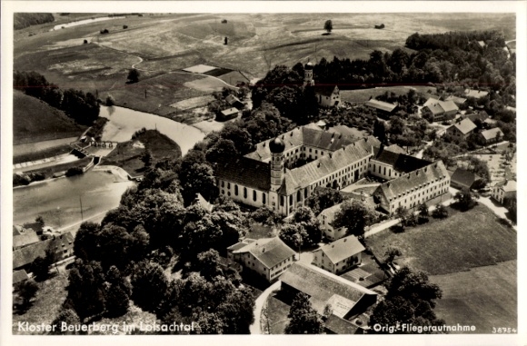 Postcard Beuerberg in the Loisach Valley Eurasburg Upper Bavaria, aerial photograph of Beverberg Monastery, surrounding landscape