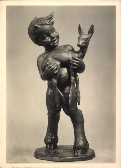 Postcard sculpture by Reinhold Unger, forest idyll, satyr, deer, HDK 325