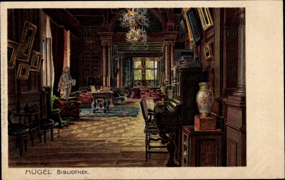 Chromo-Litho Bredeney Essen in the Ruhr area, Villa Hügel, interior view, library