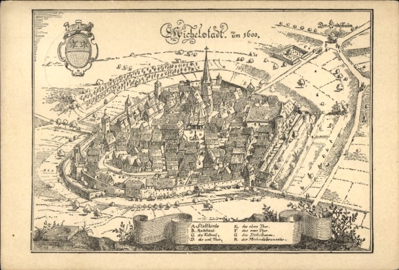 Postcard Michelstadt in the Odenwald, Historical view of a town, drawing, coat of arms above, year 1600